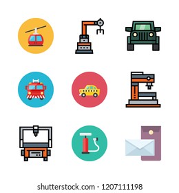 transportation icon set. vector set about cable car cabin, suv, industrial robot and taxi icons set.