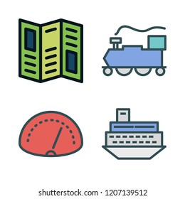 transportation icon set. vector set about road map, ship, train and speedometer icons set.