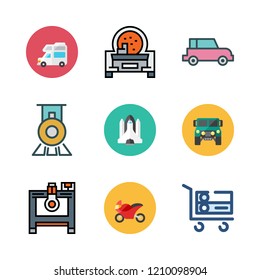 transportation icon set. vector set about trolley, caravan, train and industrial robot icons set.