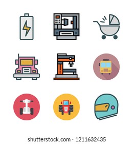 transportation icon set. vector set about battery, industrial robot, segway and school bus icons set.