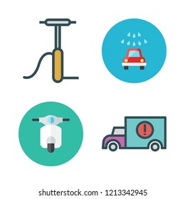 transportation icon set. vector set about cargo truck, motorbike, car wash and air pump icons set.