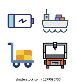 transportation icon set. vector set about trolley, battery, industrial robot and cargo ship icons set.