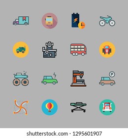 transportation icon set. vector set about industrial robot, battery, tractor and electric car icons set.