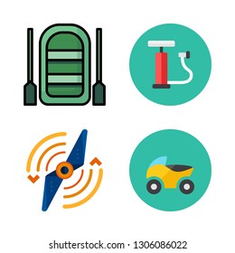 transportation icon set. vector set about inflatable boat, airscrew, air pump and motorcycle icons set.