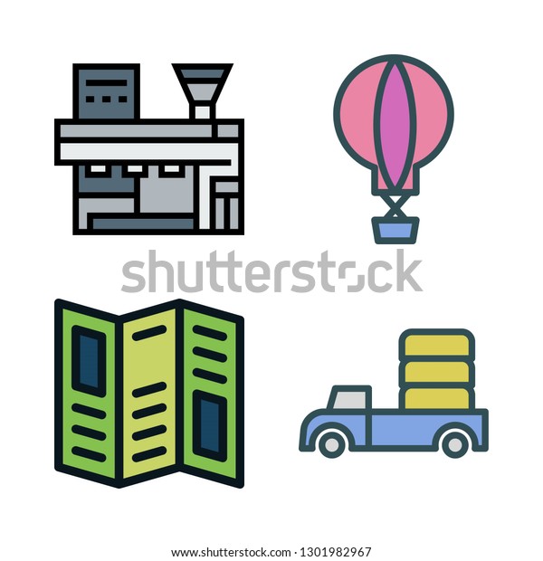 transportation icon set. vector\
set about hot air balloon, industrial robot, road map and car icons\
set.