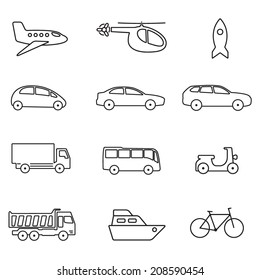 Transportation icon set. Vector outline illustration: car, airplane, bike, ship  bus, helicopter.