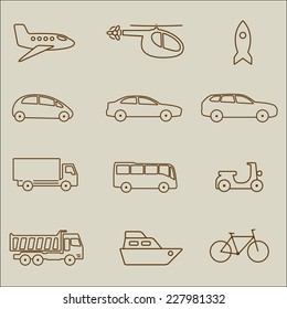 Transportation icon set. Vector outline illustration: car, airplane, bike, ship, lorry, truck bus, helicopter.
