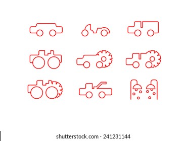 Transportation icon set. Vector outline illustration: car, motorcycle, truck, spare parts, buses, tow car, car wash, different vehicles.