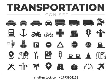 Transportation Icon Set with Vehicles, Traffic Lights, Car, Truck, Road, Motorcycle, Bicycle, Train, Airplane, Signs, Gas Station, Policeman, Marine, Bus, Map, Icons