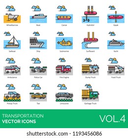 Transportation icon set. Wheelbarrow, boat, canoe, hydrofoil, kayak, sailboat, ship, submarine, surfboard, yacht, ambulance, police car, fire engine, dump truck, pickup, taxi, limousine, garbage.