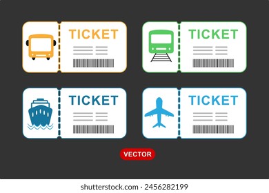 Transportation icon tickets set. Train, Plane, Ship, Bus. Public transport