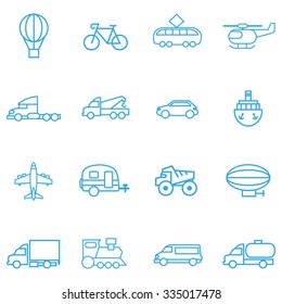 Transportation icons blue lines on a white  background