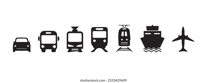 Transportation icons car bus train cruise ship airplane black silhouette. Vector Illustration. Eps 10