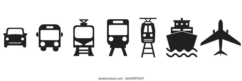 transporte ícones carro ônibus trem cruzeiro navio avião preto silhueta no vetor