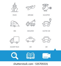 Transportation icons. Car, ship and truck linear signs. Airplane, helicopter and evacuator flat line icons. Video cam, book and magnifier search icons. Vector