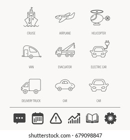 Transportation icons. Car, ship and truck linear signs. Airplane, helicopter and evacuator flat line icons. Education book, Graph chart and Chat signs. Attention, Calendar and Cogwheel web icons