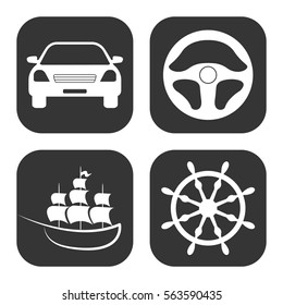 Transportation icons (car and ship) vector set on gray  buttons