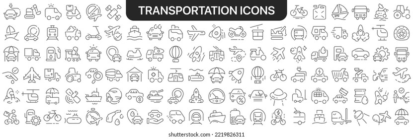 Transportation icons collection in black. Icons big set for design. Vector linear icons