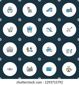 Transportation icons colored line set with taxi, suitcase, sitting man and other seat person elements. Isolated vector illustration transportation icons.