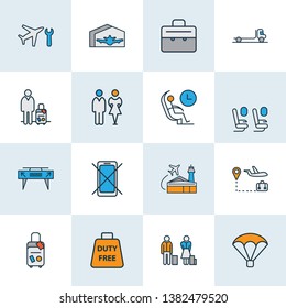 Transportation icons colored line set with suitcase, travel tour, waiting room and other tourist elements. Isolated vector illustration transportation icons.