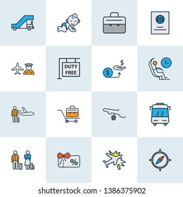 Transportation icons colored line set with briefcase, gangway, personal plane and other pilot elements. Isolated vector illustration transportation icons.