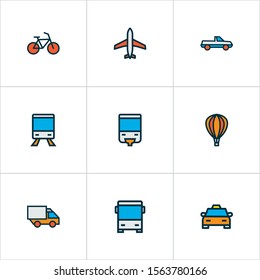 Transportation icons colored line set with airplane, train, bike and other bicycle elements. Isolated vector illustration transportation icons.