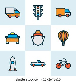 Transportation icons colored line set with balloon, bike, rocket and other suv elements. Isolated vector illustration transportation icons.