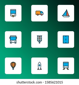 Transportation icons colored line set with rocket, sail boat, train and other way elements. Isolated vector illustration transportation icons.