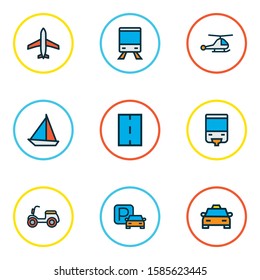 Transportation icons colored line set with airplane, taxi, train and other scooter elements. Isolated vector illustration transportation icons.