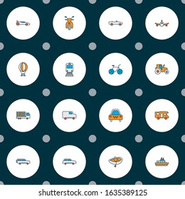 Transportation icons colored line set with campervan, suv, cabriolet and other car elements. Isolated vector illustration transportation icons.