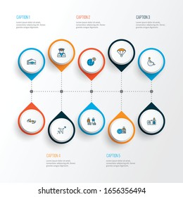 Transportation icons colored line set with pilot, globe with pin, seatbelt and other worldwide elements. Isolated vector illustration transportation icons.