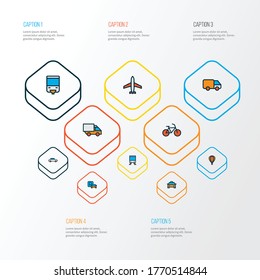 Transportation icons colored line set with airplane, monorail, van and other aircraft elements. Isolated vector illustration transportation icons.