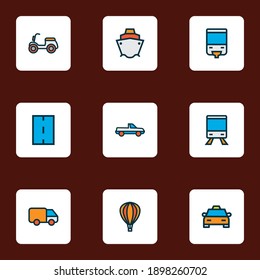 Transportation icons colored line set with road, pickup, cargo ship and other scooter elements. Isolated vector illustration transportation icons.