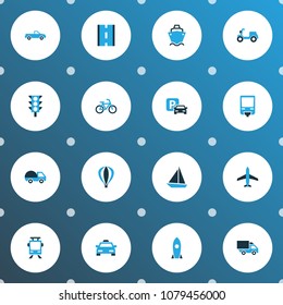 Transportation icons colored set with aircraft, bike, cargo and other trolley  elements. Isolated vector illustration transportation icons.