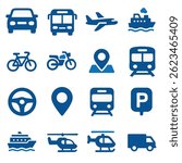 Transportation Icons A Comprehensive Set of Blue Vehicle and Travel Symbols