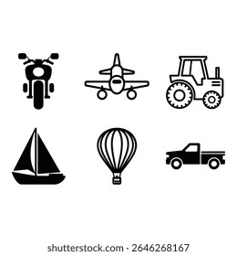 Transportation icons featuring motorcycle airplane tractor and more