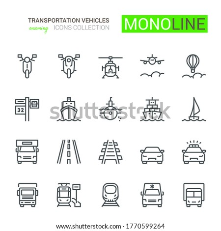 Transportation Icons,  front View, part III. Monoline conceptThe icons were created on a 48x48 pixel aligned, perfect grid providing a clean and crisp appearance. Adjustable stroke weight. 