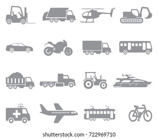 Transportation Icons. Gray Flat Design. Vector Illustration. 
