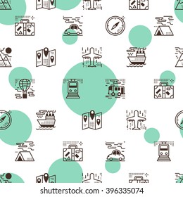 Transportation icons and green polka seamless pattern background ideal for wrapping paper and packaging