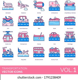 Transportation icons including aerosani, airplane, airship, ambulance, amphibious vehicle, ATV, bike, boat, bus coach, cable car, campervan, canoe, carriage, cycle rickshaw, dog sled, fire engine.
