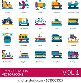 Transportation icons including aerosani, airplane, airship, ambulance, ATV, boat, bus coach, cable car, campervan, canoe, carriage, cycle rickshaw, dog sled, double decker, dump truck, fire engine.