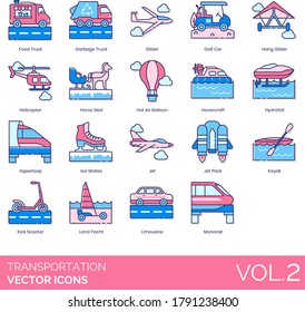 Transportation Icons Including Food, Garbage Truck, Golf Car, Hang Glider, Helicopter, Horse Sled, Hot Air Balloon, Hovercraft, Hydrofoil, Hyperloop, Ice Skate, Jet Pack, Kayak, Kick Scooter, Monorail