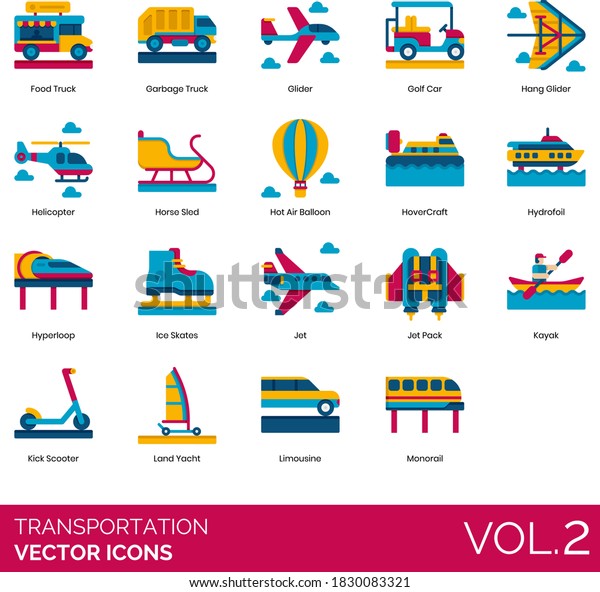 Transportation icons including garbage truck,\
golf car, hang glider, helicopter, horse sled, hot air balloon,\
hovercraft, hyperloop, ice skates, jet pack, kayak, kick scooter,\
limousine,\
monorail.