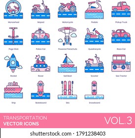 Transportation icons including monowheel, moped, motorcycle, pedalo, pickup truck, pogo stick, police car, powered parachute, quadracycle, race, rocket, rover, sail boat, scooter, sea tractor, ship.