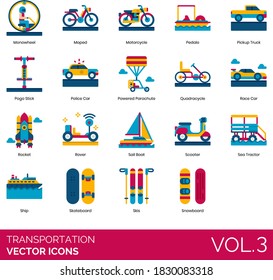 Iconos de transporte como monowheel, ciclomotor, motocicleta, hidropedales, camioneta, palo de pogo, coche de policía, paracaídas propulsado, cuadriciclo, cohete, transbordador, velero, ciclomotor, tractor marítimo, snowboard.