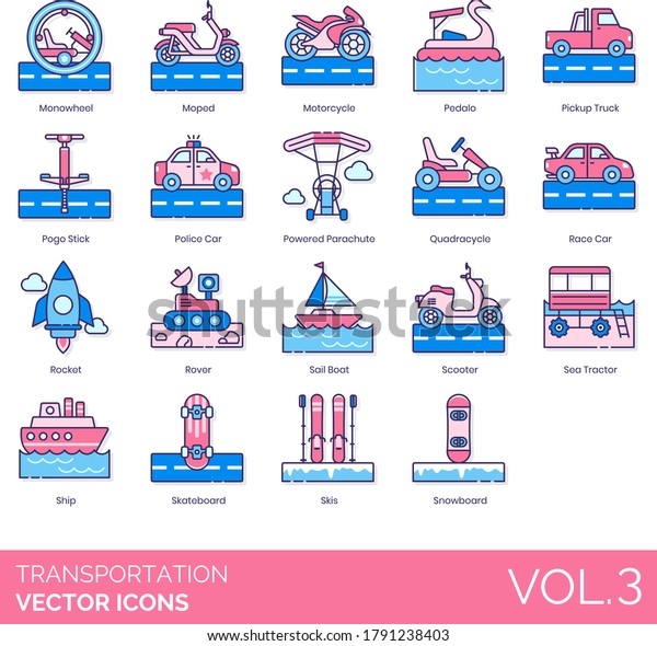 Transportation icons including monowheel, moped,\
motorcycle, pedalo, pickup truck, pogo stick, police car, powered\
parachute, quadracycle, race, rocket, rover, sail boat, scooter,\
sea tractor,\
ship.
