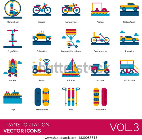 Transportation icons including monowheel,\
moped, motorcycle, pedalo, pickup truck, pogo stick, police car,\
powered parachute, quadracycle, rocket, rover, sail boat, scooter,\
sea tractor,\
snowboard.