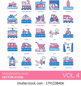 Transportation icons including snowmobile, steam locomotive, submarine, subway, surfboard, tank, taxi, traction engine, tractor, train, tram, tricycle, UAV, unicycle, van, velomobile, yacht, zipline.