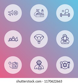 Transportation icons line style set with oxygen mask, parachute, stewardess and other airlines terminal elements. Isolated vector illustration transportation icons.