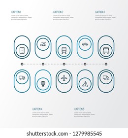 Transportation icons line style set with carriage, way, caravan and other camion elements. Isolated vector illustration transportation icons.